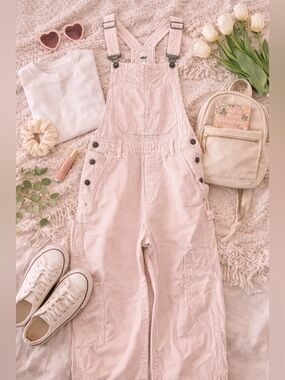 Aerie Pink Striped Overalls XS Wide Leg Utility Jumpsuit EUC